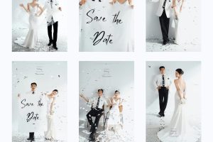 Bộ ảnh cưới pre-wedding phong cách hiện đại, vui tươi với tông màu trắng chủ đạo được chụp tại studio.
