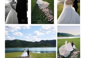 Bộ sưu tập ảnh cưới lãng mạn và sang trọng với bối cảnh ngoại cảnh đồi cỏ và hồ nước.