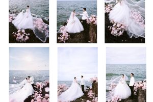 Bộ ảnh cưới lãng mạn của cặp đôi bên bờ biển với sắc hoa hồng nhẹ nhàng và phong cách sang trọng.