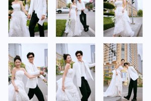 Bộ ảnh cưới pre-wedding lãng mạn và sang trọng của cặp đôi với phong cách Hàn Quốc trên bối cảnh đường phố hiện đại.