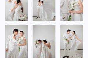 Bộ ảnh cưới studio với phong cách Hàn Quốc nhẹ nhàng, hiện đại, tôn vinh vẻ đẹp tinh khôi và lãng mạn của cặp đôi trong trang phục trắng.