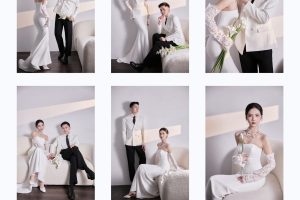 Bộ ảnh cưới pre-wedding sang trọng với tông màu trắng chủ đạo được thực hiện tại studio.