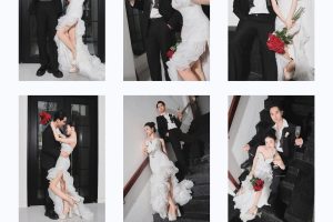 Cặp đôi tạo dáng tự nhiên và sang trọng trong studio hiện đại với váy cưới trắng xẻ tà và vest đen lịch lãm, nổi bật tông màu đen-trắng-đỏ.