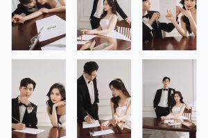 Bộ ảnh pre-wedding phong cách Hàn Quốc sang trọng của cặp đôi trong trang phục váy cưới trắng và vest đen.