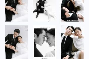 Cặp đôi trong bộ ảnh Studio Album với phong cách sang trọng, hiện đại theo kiểu Hàn Quốc, diện trang phục trắng và đen tối giản trên nền studio trắng tinh khôi.