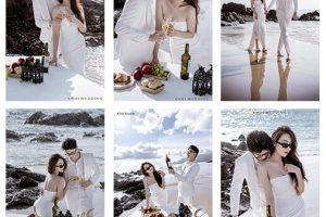Bộ ảnh cưới lãng mạn của cặp đôi tại bãi biển với tông màu trắng chủ đạo.