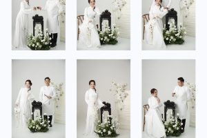 Bộ ảnh cưới cặp đôi mặc áo dài trắng phong cách Hàn Quốc tại studio.